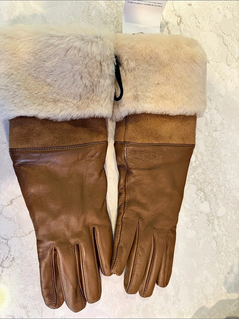 UGG Sheepskin Cuff Leather Glove Gloves, Brown & Cream Small NWT